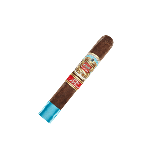 A single box-pressed EP Carrillo La Historia El Senador Robusto cigar features elegant bands, including the signature red and gold Perez Carrillo label and a blue foil wrapper, highlighting the brand’s refined style.