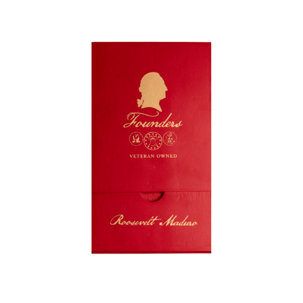 The Founders Cigar Co. Roosevelt Maduro Toro comes in a red box with gold “Founders, Veteran Owned” text and “Roosevelt - Maduro” below, showcasing Dominican Republic cigars with a rich San Andrés Maduro wrapper.