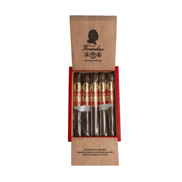 An open wooden box from Founders Cigar Co. displays five Founders Roosevelt Maduro Toro cigars with red and gold labels. The inside lid features a silhouette logo and text, highlighting the rich San Andrés Maduro wrapper.