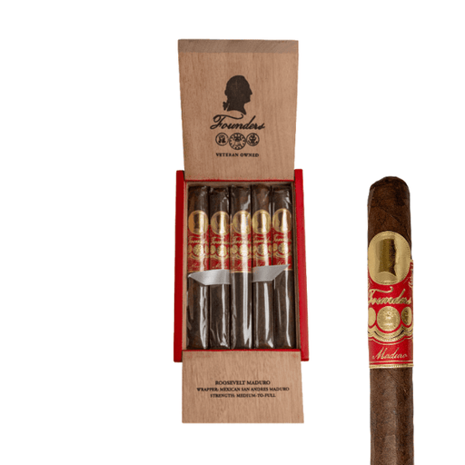 Open wooden box of four Founders Roosevelt Maduro Toro cigars by Founders Cigar Co., each with a San Andrés Maduro wrapper and red-gold band, with one cigar displayed separately on the right.