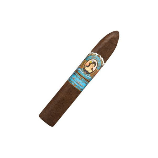 The La Aroma De Cuba Mi Amor Belicoso by La Aroma De Cuba features a pointed tip and a blue-gold band with a woman’s portrait, making it a standout among premium Nicaraguan cigars.