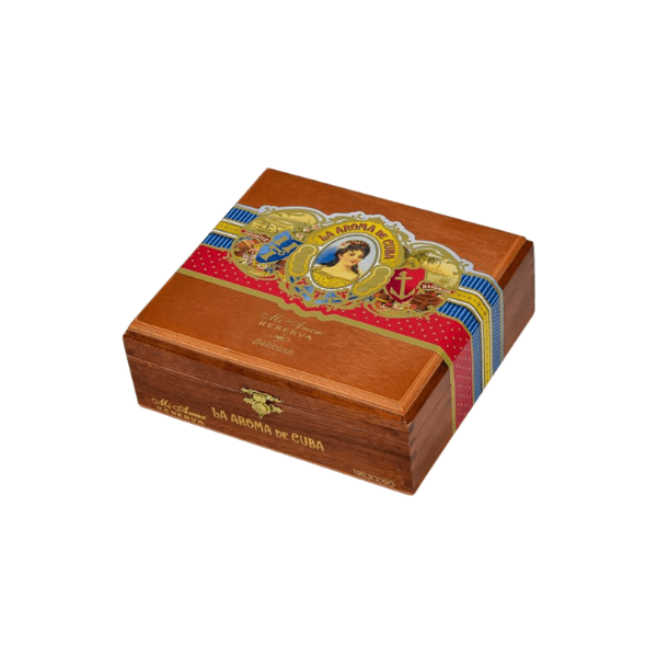 A wooden La Aroma De Cuba Reserva Belicoso cigar box with a gold, red, and blue label featuring a woman and ornate detailing on the lid—a classic collectible for fans of La Aroma De Cuba.