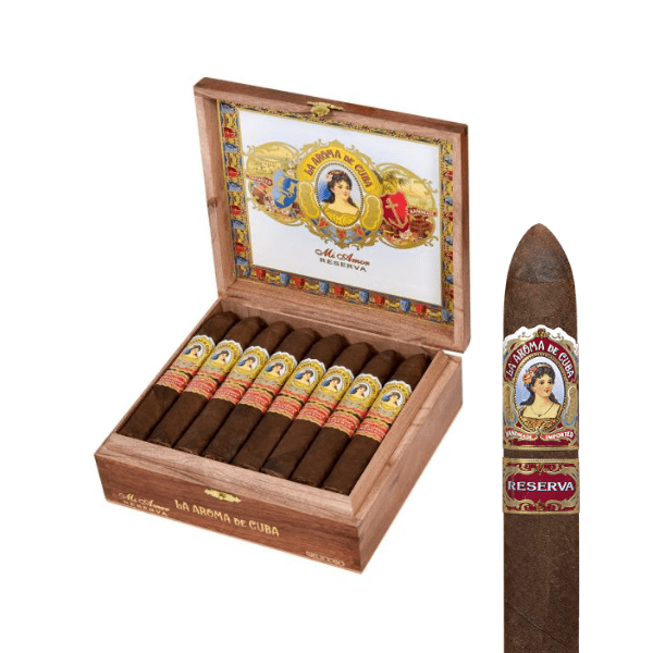 An open wooden box of La Aroma De Cuba Reserva Belicoso cigars from La Aroma De Cuba, showing ten ornate, banded cigars, with a close-up on the right highlighting its rich San Andrés Oscuro wrapper.