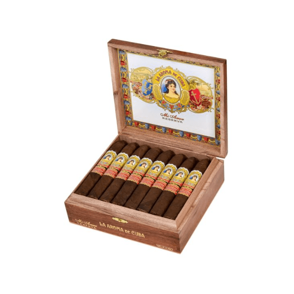 An open wooden La Aroma De Cuba Reserva Belicoso box displays eight Nicaraguan cigars with intricate bands and decorative artwork featuring a woman’s portrait on the lid.