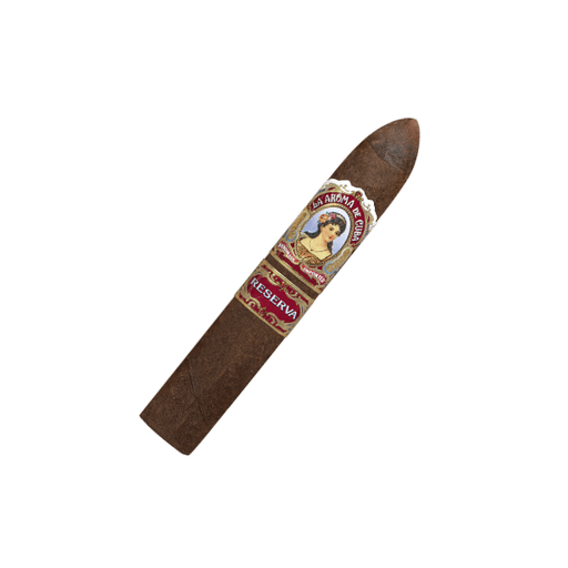 A single La Aroma De Cuba Reserva Belicoso cigar by La Aroma De Cuba, featuring decorative bands and crafted with San Andrés Oscuro wrapper, is displayed on a white background.