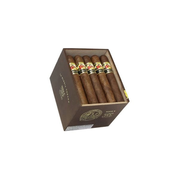 A partially open wooden box displays five La Gloria Cubana Serie R No. 6 cigars by La Gloria Cubana Cigars, each with a vibrant band near the tip and wrapped in Ecuadorian Sumatra leaf, revealing their full-bodied character.