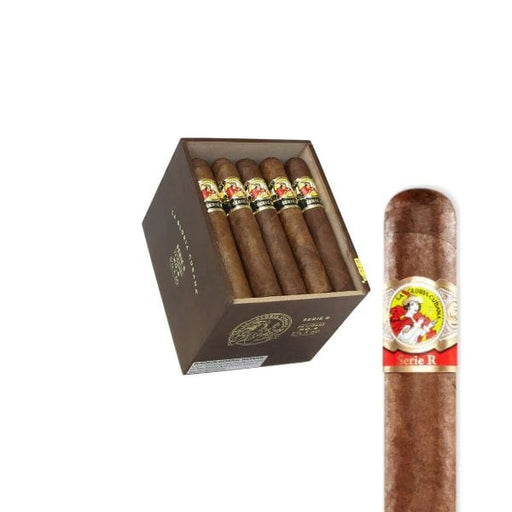 A box of five La Gloria Cubana Serie R No. 6 cigars from La Gloria Cubana Cigars is shown; one full-bodied cigar with an Ecuadorian Sumatra wrapper appears enlarged to highlight its red and gold label.