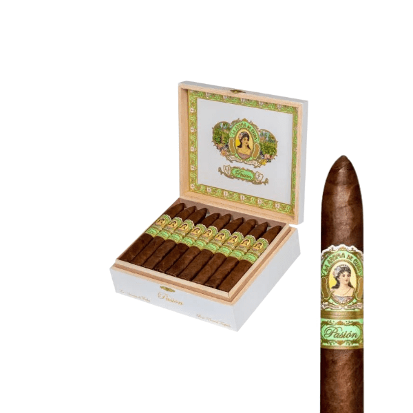 An open box of La Aroma De Cuba Pasion Torpedo (Box Pressed) cigars by La Aroma De Cuba shows several neatly arranged cigars with decorative bands and a single cigar displayed in detail beside the box.
