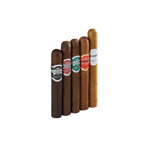 The Macanudo Inspirado 5 Cigar Sampler features five Toro cigars, each with a distinct colored band, standing upright in a row from the renowned Macanudo brand.