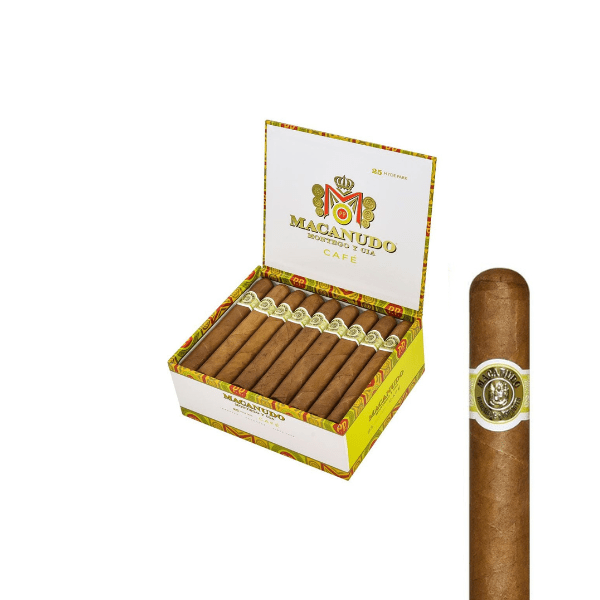 An open box of Macanudo Cafe Hyde Park Robusto cigars by Macanudo reveals neatly arranged Dominican long-fillers, with one Connecticut cigar displayed separately to the right.