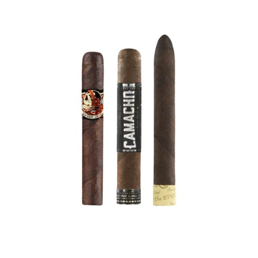 Three Maduro All-Stars cigars by After Action Cigars are displayed vertically against a white background, highlighting this sampler—ideal for those who enjoy full-bodied flavor.