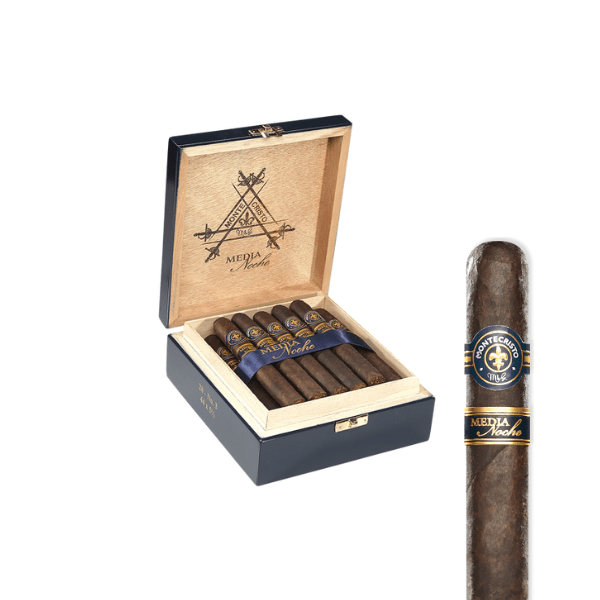 An open wooden box of Montecristo Media Noche Edmundo by Montecristo Cigars reveals six dark Connecticut Broadleaf cigars. One cigar stands upright beside the box, showcasing its band and emphasizing the Dominican long fillers inside.