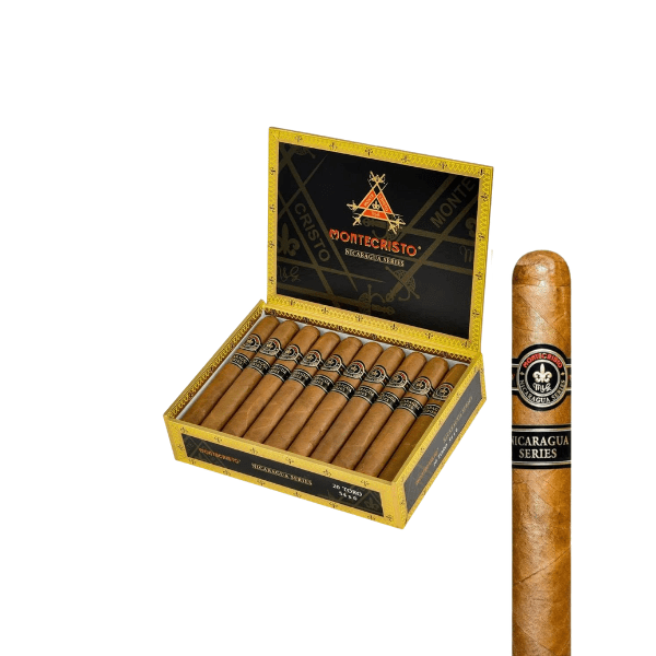 An open box of Montecristo Nicaragua Toro cigars by Montecristo is displayed, showing multiple Nicaraguan puros inside, with one detailed Montecristo Nicaragua Toro cigar featured on the right.