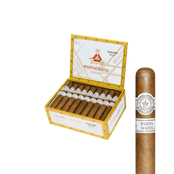 An open box of Montecristo White Series Rothschilde by Montecristo displays mellow cigars wrapped in smooth Ecuadorian Connecticut Shade leaf. One cigar stands upright on the right, showing its elegant band.