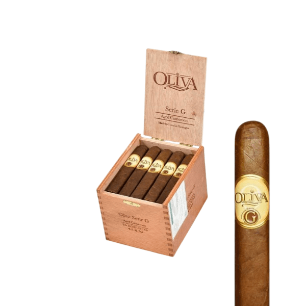 A wooden box labeled "Oliva Serie G" by Oliva Cigars contains Cameroon wrapper cigars, with a close-up of the Oliva Serie G Robusto showing its band and Nicaraguan tobacco.