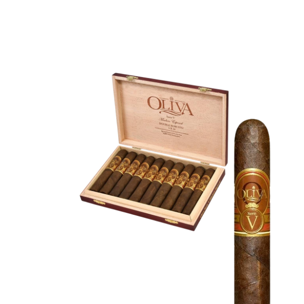 An open wooden box of Oliva Serie V Double Robusto by Oliva displays several Nicaraguan cigars with Ecuadorian Habano Sun Grown wrappers, plus a close-up of one cigar on the right.