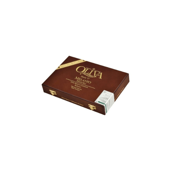 A closed brown rectangular box of Oliva Serie V Melanio Maduro Robusto cigars by Oliva, featuring a band label and warning sticker—each box-pressed cigar filled with premium Nicaraguan long-fillers.