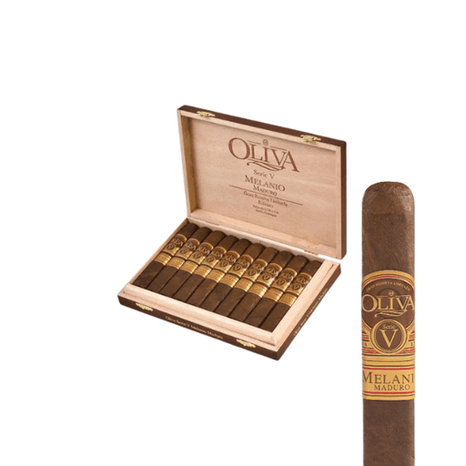 An open Oliva Serie V Melanio Maduro Robusto box is shown, highlighting Nicaraguan long-fillers, with a close-up of a single box-pressed Oliva cigar on the right.