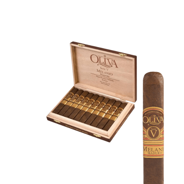 An open Oliva Serie V Melanio Maduro Robusto box is shown, highlighting Nicaraguan long-fillers, with a close-up of a single box-pressed Oliva cigar on the right.