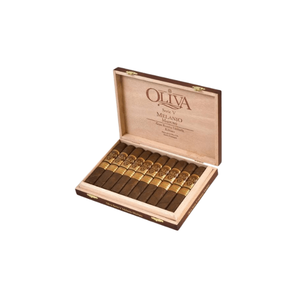 An open wooden box of ten Oliva Serie V Melanio Maduro Robusto cigars by Oliva, each box-pressed and expertly crafted with Nicaraguan long-fillers, neatly arranged in a single row.