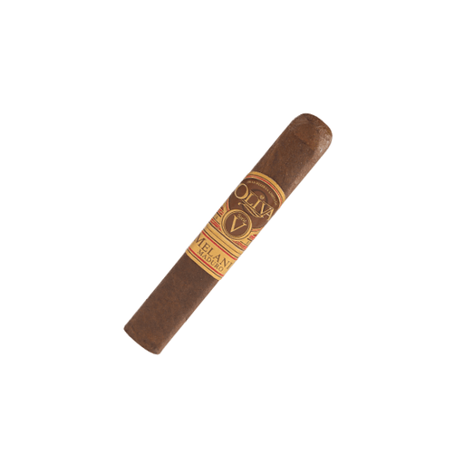A single Oliva Serie V Melanio Maduro Robusto by Oliva rests on a white background, highlighting its rich brown wrapper and signature band.