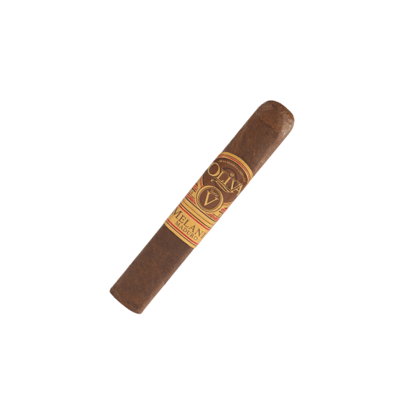 A single Oliva Serie V Melanio Maduro Robusto by Oliva rests on a white background, highlighting its rich brown wrapper and signature band.
