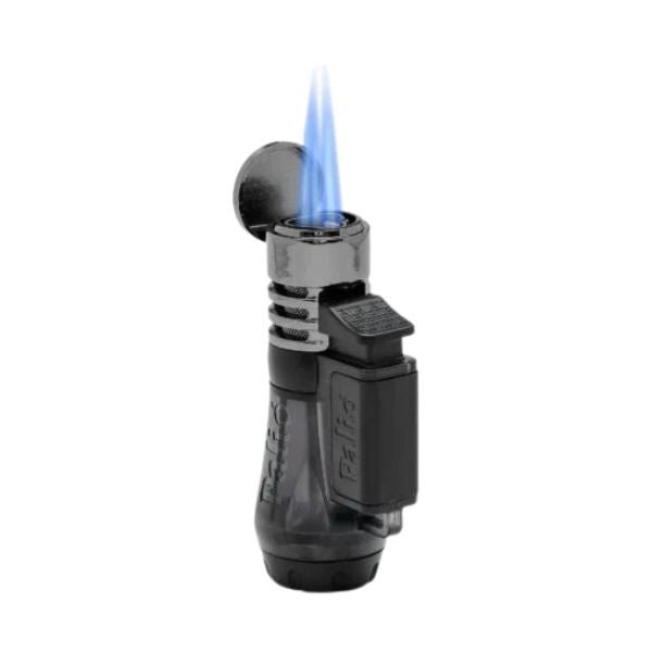 A Palio Vesuvio Triple Torch Lighter by Palio, featuring a black and silver design and blue triple-jet flame, is shown from the side against a white background.