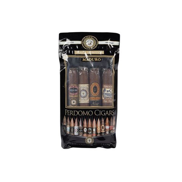 The Perdomo Humidified 4-Pack Maduro Sampler is a sealed, humidified pack of four Nicaraguan cigars featuring bold branding and cigar images on its stylish packaging.