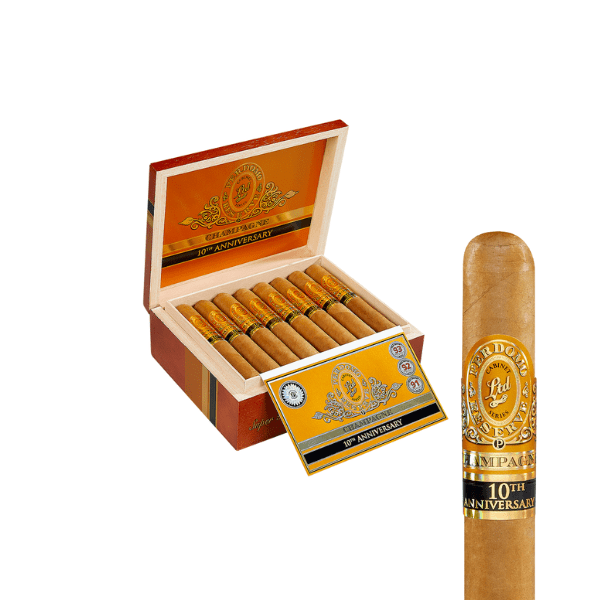 An open box of Perdomo Reserve 10th Anniversary Champagne Robusto cigars features one Connecticut cigar close-up, showcasing its gold and yellow band and bourbon barrel-aged wrapper. Brand: Perdomo.