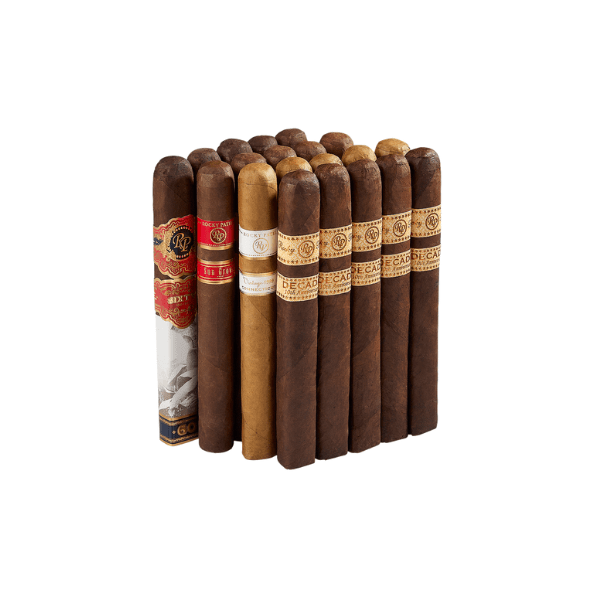 The Rocky Patel 20 Cigar Sampler by Rocky Patel Cigars features premium cigars with assorted colored bands and wrappers, neatly arranged upright in rows on a white background.