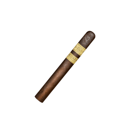 A single Rocky Patel Decade Toro premium cigar by Rocky Patel, with a gold and white band and smooth Sumatra wrapper, is displayed on a plain white background.