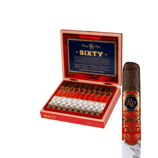 An open red box of Rocky Patel Sixty Toro by Rocky Patel Cigars displays ten Nicaraguan cigars with red, gold, and white bands, plus a close-up of a single box-pressed cigar outside the box.