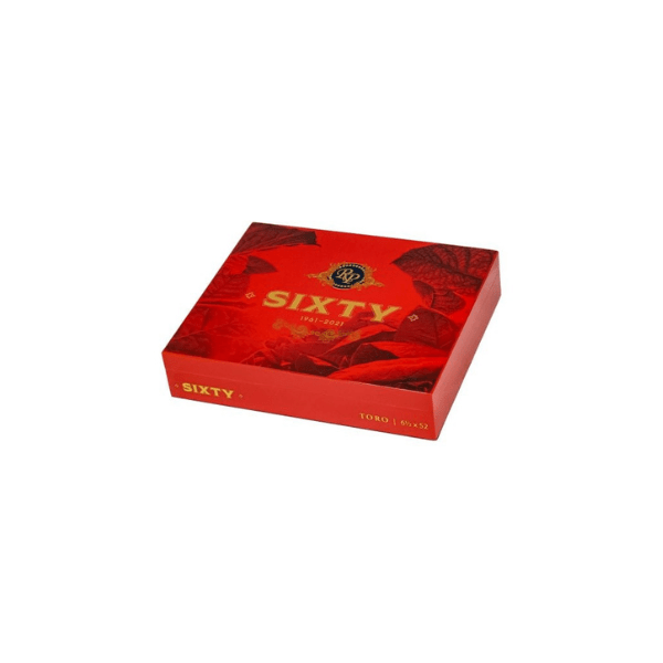 A red rectangular box labeled "Sixty" with gold and dark accents displays the Rocky Patel Sixty Toro by Rocky Patel Cigars, a celebrated Nicaraguan box-pressed cigar, with its logo and product details on a white background.