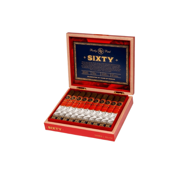 An open red and gold "SIXTY" box from Rocky Patel Cigars displays ten Rocky Patel Sixty Toro cigars, each box-pressed, wrapped in cellophane, and featuring matching red and gold bands.