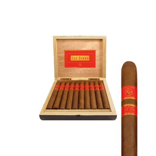 An open wooden box reveals a row of Rocky Patel Sun Grown Toro cigars, each full-bodied with an Ecuadorian sun grown wrapper; one Rocky Patel cigar is displayed separately in the foreground.