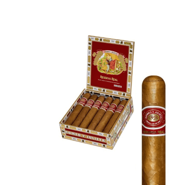 An open box of Romeo y Julieta Reserva Real Robusto cigars by Romeo y Julieta, handcrafted with Nicaraguan long-fillers, with one cigar standing upright beside the box on a white background.