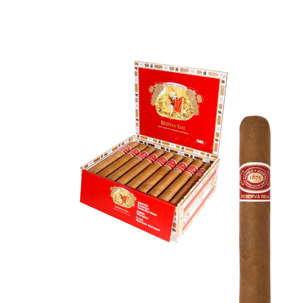 An open box of Romeo y Julieta Reserva Real Toro by Romeo y Julieta Cigars displays several Dominican cigars, with a close-up of one featuring an Ecuadorian Connecticut Shade wrapper on the right.