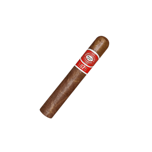 A single medium-bodied Romeo y Julieta 1875 Bully cigar by Romeo y Julieta Cigars, featuring a red and white band, rests on a white background.
