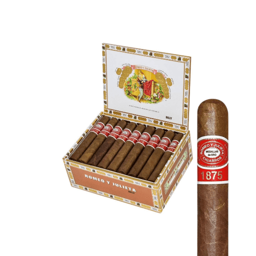 An open box of Romeo y Julieta 1875 Bully cigars from Romeo y Julieta Cigars displays several medium-bodied smokes, with a close-up of one Indonesian-wrapped cigar shown to the right of the box.