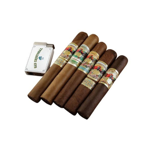 Six cigars with colorful bands are arranged in a row beside a white and green cigar cutter labeled "Tabacero Sol," showcasing the San Cristobal Paradise Assortment, a vibrant Nicaraguan sampler by San Cristobal.