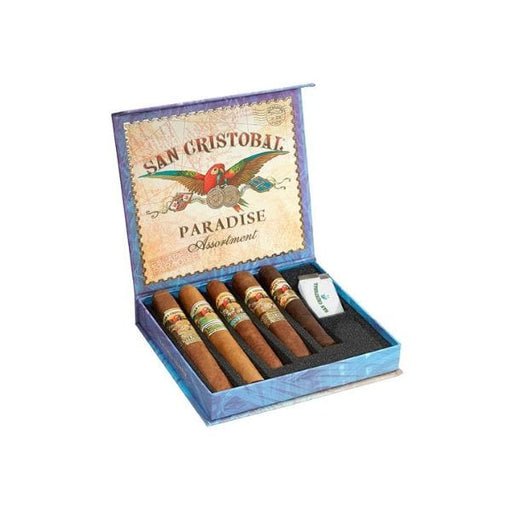 A San Cristobal Paradise Assortment box with five San Cristobal cigars and a humidity pack is shown on a white background—an exceptional Nicaraguan sampler.