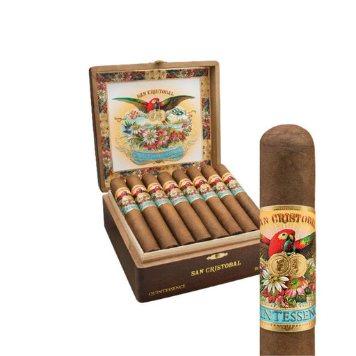 An open wooden box of San Cristobal Cigars San Cristobal Quintessence Epicure features colorful-banded Nicaraguan cigars, with one Ecuador Habano Rosado-wrapped cigar displayed upright in the foreground.