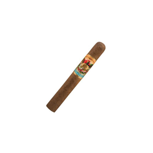 A single San Cristobal Quintessence Epicure cigar from San Cristobal Cigars, featuring a decorative colorful band and an Ecuador Habano Rosado wrapper, is displayed against a plain white background.