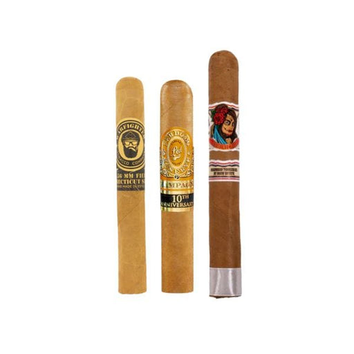 Four mild cigars with unique colored bands and logos from the Smooth Operator Connecticut Sampler by 3 Cigar Sampler, crafted with premium Nicaraguan long-fillers, stand upright in a row against a white background.