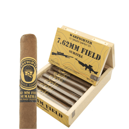 An open box of Warfighter Tobacco 762 Field Sumatra Robusto cigars displays several inside, with one prominently labeled cigar featuring an Ecuadorian Sumatra wrapper in the foreground.