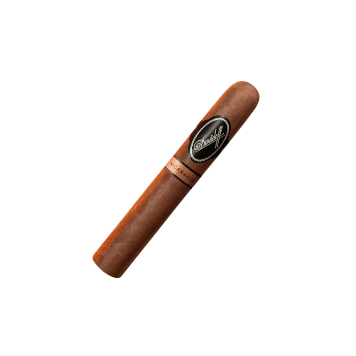 A single Davidoff Nicaragua Toro cigar from Davidoff Cigars, featuring a brown Nicaraguan Habano wrapper and a black and gold label, rests on a white background.