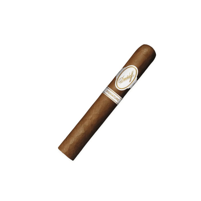 A single Davidoff Signature Toro cigar by Davidoff Cigars, with a white and gold "Signature" band, an Ecuadorian Connecticut wrapper, and Dominican long-fillers, is displayed on a plain white background.