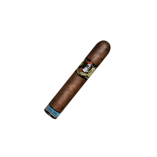 A single Deadwood Fat Bottom Betty Robusto cigar by Deadwood Tobacco Cigars, featuring a decorative band near the top and a blue label at the foot, isolated on a white background.