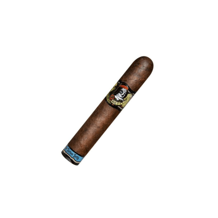 A single Deadwood Fat Bottom Betty Robusto cigar by Deadwood Tobacco Cigars, featuring a decorative band near the top and a blue label at the foot, isolated on a white background.