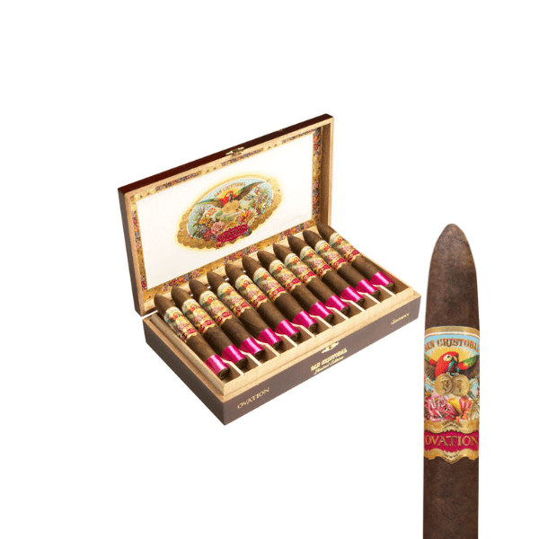 A box of San Cristobal Ovation Eminence luxury cigars by San Cristobal, each with ornate bands and pink foot ribbons, made with Nicaraguan fillers; on the right, a close-up shows one cigar’s detailed wrapping.